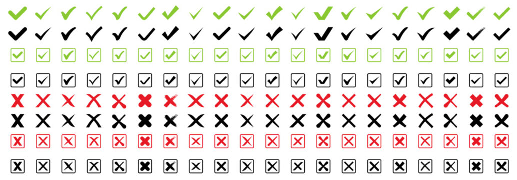 Check mark and X mark icon set. Tick and cross symbols for web forms, validation, status indicators, and UI design