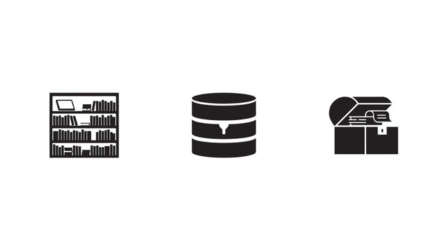 Black icons of bookshelf, barrel and printer on white background for business and storage concepts