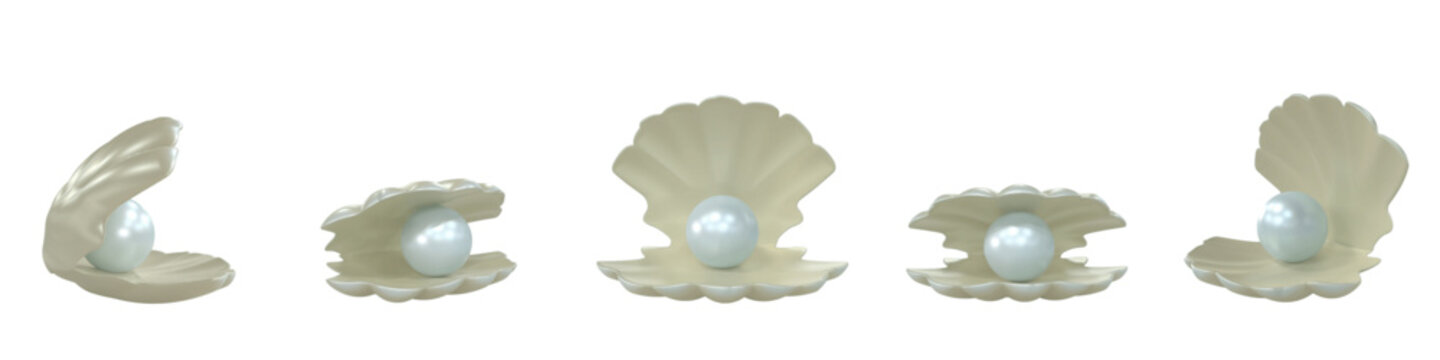 Vector set of open and semi-open scallop with a pastel blue pearl. Shiny, luxury seashell in plasticine cartoon style. Clam shell shown from various perspectives and positions. 3d render, isolated. 