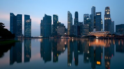 Fototapeta premium An exotic and charming skyline of a financial district featuring sparkling reflections smooth gradients and soft lighting