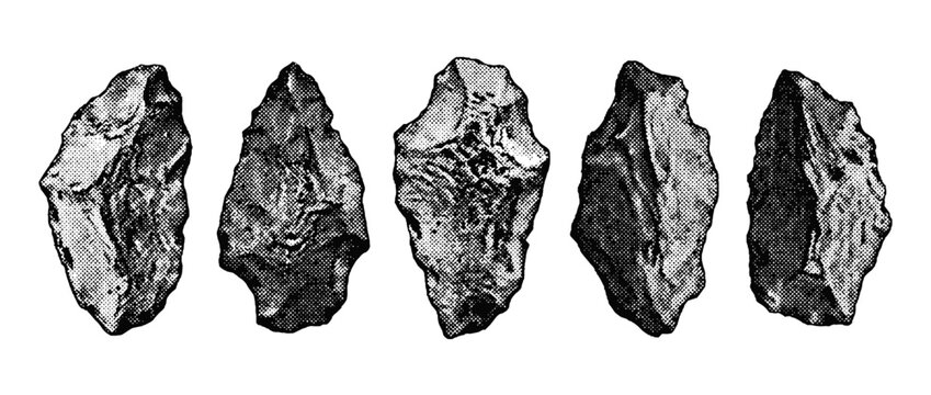 This image displays a series of halftone-style primitive stone tools, emphasizing the evolution of human ingenuity and craftsmanship throughout history.
