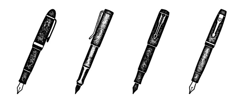 This set of halftone vector illustrations captures a variety of elegant pens, symbolizing creativity and the art of writing with a unique, stylized visual perspective.