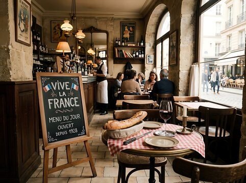 Traditional French bistro interior with patriotic decor