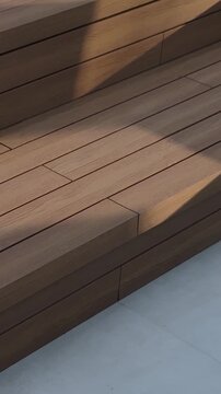 Vertical video. Outdoor seating area with wooden decking beside modern house and garden.