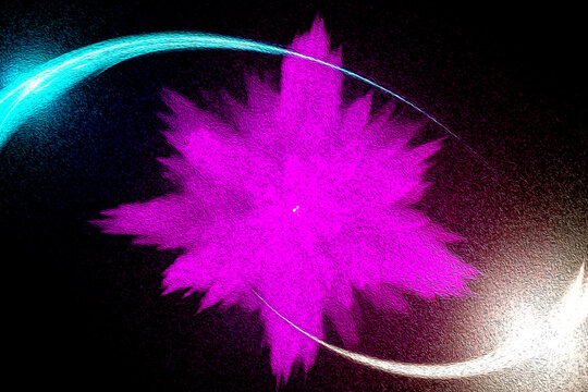 Abstract digital art featuring a vibrant magenta starburst with light trails