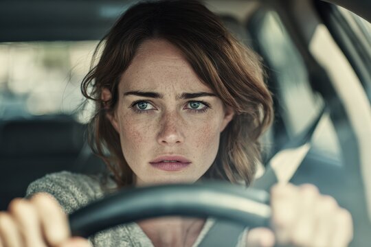 Cropped portrait of a stressed young woman in a car interior after a driving test setback