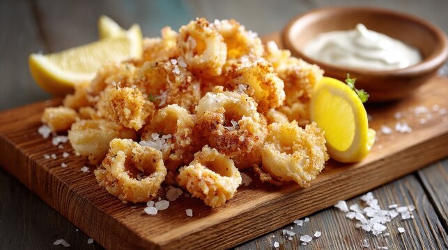 Crunchy fried calamari with lemon and dipping sauces on a warm wooden background