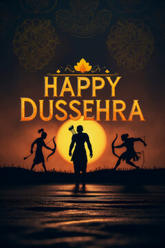 Banner poster greeting card Dussehra Hindu holiday, symbolizing victory good over evil AI Generative