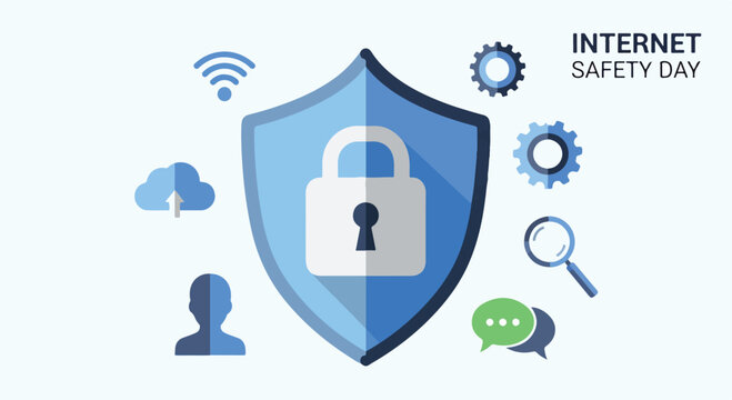 Internet safety icons on blue shield