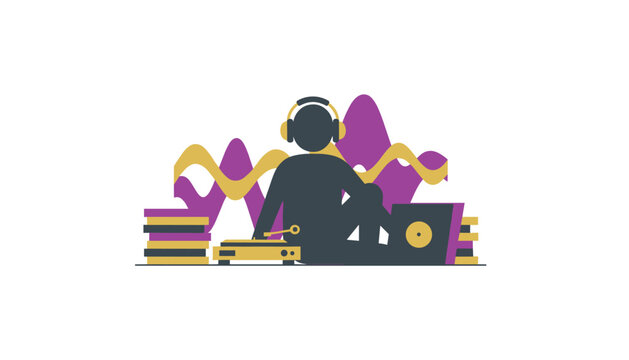Music producer or audio engineer wearing headphones while working on a computer and mixing console in a creative workspace environment.