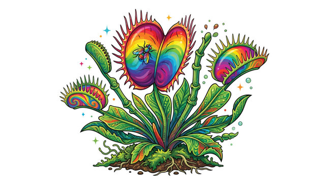 Vibrant rainbow colored venus flytrap plant capturing a fly vector illustration