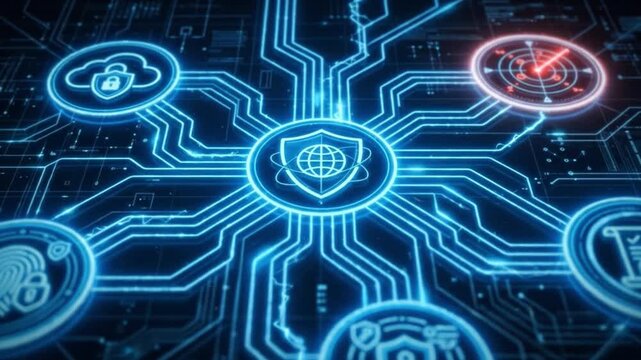 Cybersecurity digital technology network protection data security internet connection firewall encryption online system circuit interface blue glowing futuristic shield lock fingerprint cloud privacy