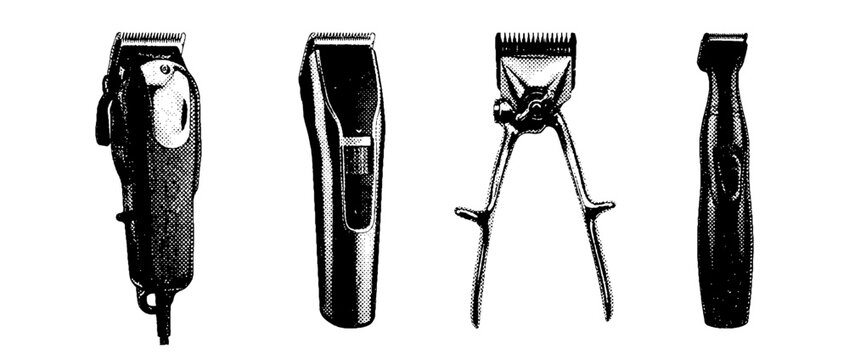 The image showcases an enticing collection of vintage hair clippers and barber tools, illustrated in a halftone style, emphasizing the art of barbering and grooming.