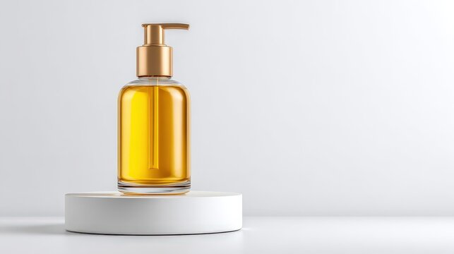 Serum cosmetic bottle with pump on white podium on white background.
