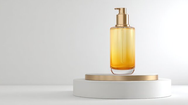 Serum cosmetic bottle with pump on white podium on white background.