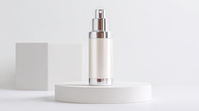 Serum cosmetic bottle with pump on white podium on white background.