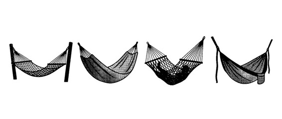 Fototapeta premium This image showcases a variety of halftone vector hammocks, representing relaxation and leisure in design, ideal for lifestyle and vacation projects.