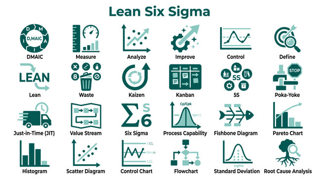 Lean Six Sigma icons representing quality management tools and methodologies for business process improvement and efficiency