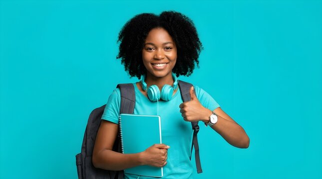 Happy young african american student girl wearing headphones holding notebook and showing thumbs up sign against bright turquoise studio background