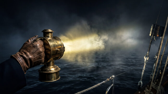 Maritime Signal Lamp Projecting Powerful Light Beam in Night Mist for Morse Code Communication