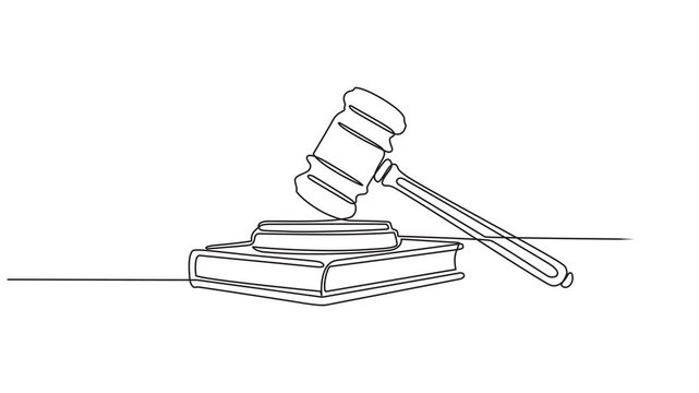 Self drawing line animation judge hammer continuous line drawn concept video, Self drawing line animation judge hammer continuous line drawn concept video, Placed lying on a wooden cushion.