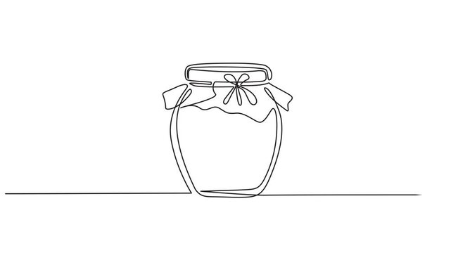 Self animated single continuous line drawing of a honey jar with a dipper. Full length one line animation, honey jar with stick continuous one line drawing animation, Animation of one line drawing pro
