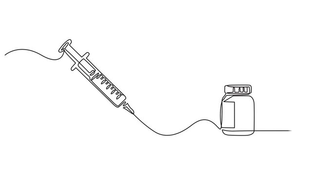Video. Drawing of syringe, vial and ampoule with medicine in one continuous editable line. Symbol of pharmaceutical drugs and vaccines. Animation on white background 4K.Animated self drawing of One