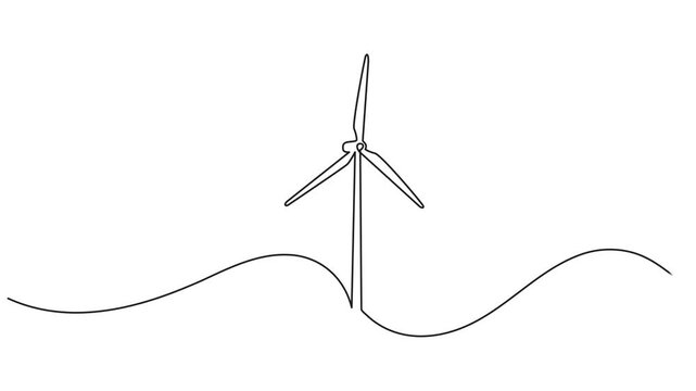 Continuous one line drawing animation video of wind turbine,Animated self drawing of  Continuous one line drawing of wind turbines eco energy. simple wind turbines outline vector illustration, Wind