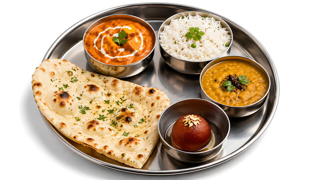  Indian thali simplified with small bowls of curry, rice, naan and dessert, clean white background