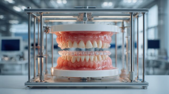Medium shot of heating plastic sheet in thermoforming machine with orthodontic model blurred in background highlighting precision in aligner production process.