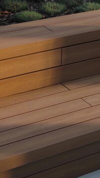 Vertical video. Close-up of outdoor seating area with wooden terrace, stairs and landscaped garden.