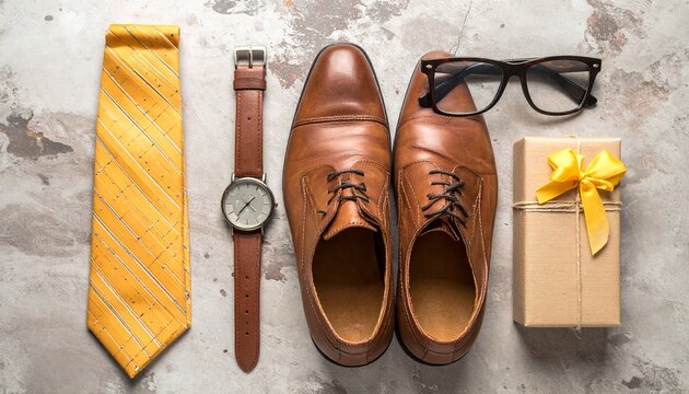 Men's accessories including tie, watch, shoes, glasses, and gift on a speckled surface
