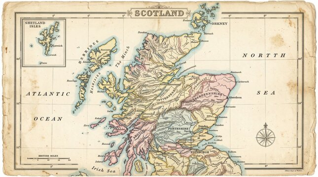 Antique map of scotland with regional color coding, inset of shetland islands, and compass rose