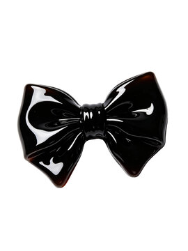 Luxurious glossy tortoise black resin decorative bows with different overall dimensions and tail edge designs, shot under soft diffused studio lighting to fully display sleek rigid texture and mirror-