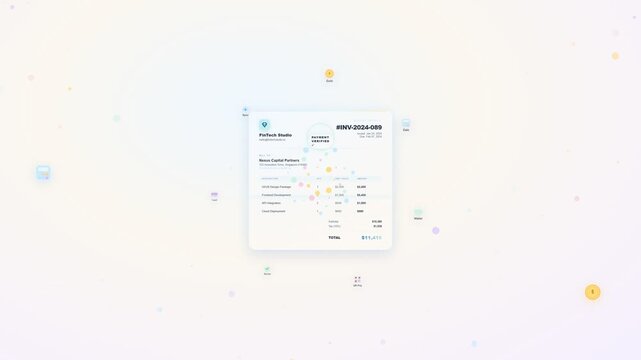 An infographic motion graphics animation demonstrating a smart billing system interface for corporate or financial technology applications