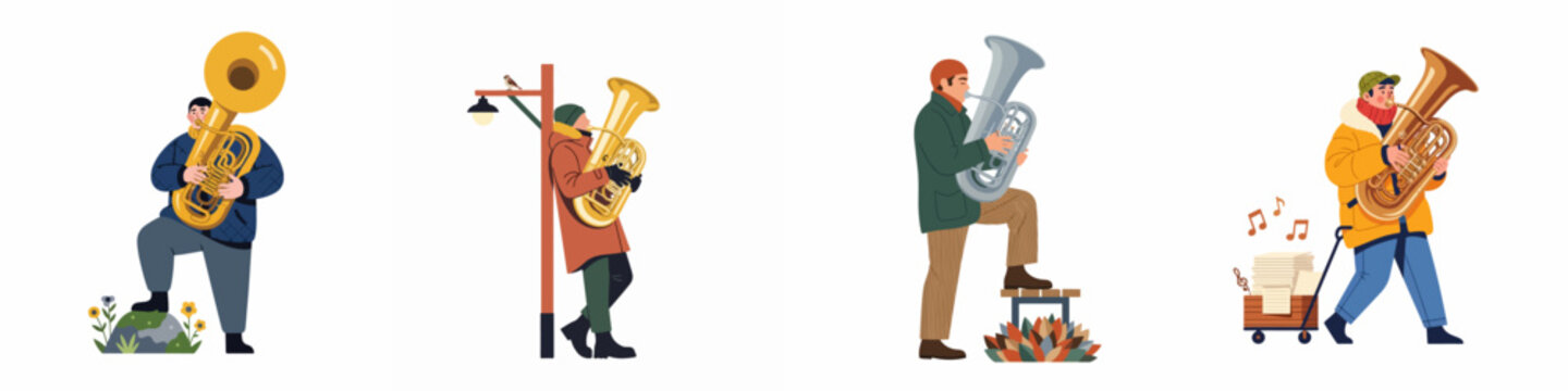 Set of four vector illustrations showing men playing the tuba outdoors in various seasonal outfits, from winter coats to casual jackets.