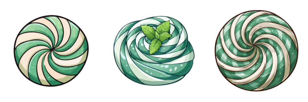 Set of three swirled mint candies with a fresh mint leaf garnish