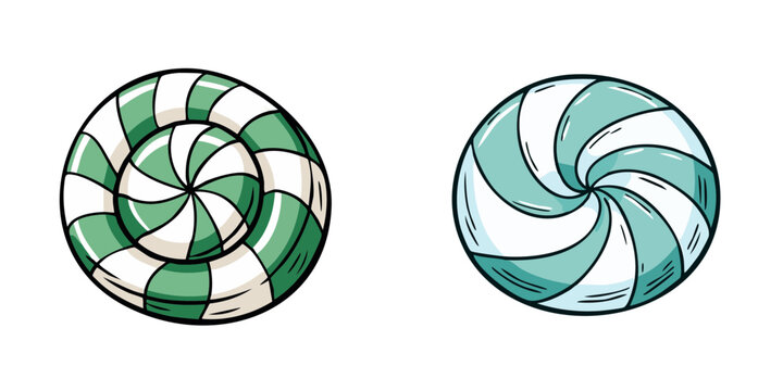 Set of colorful spiral swirl candies on a white background