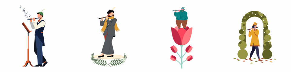 Collection of four diverse flat vector illustrations featuring different characters playing the flute in various settings. © Selfi