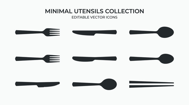 A set of minimal utensils icons including spoons, forks, knives and chopsticks