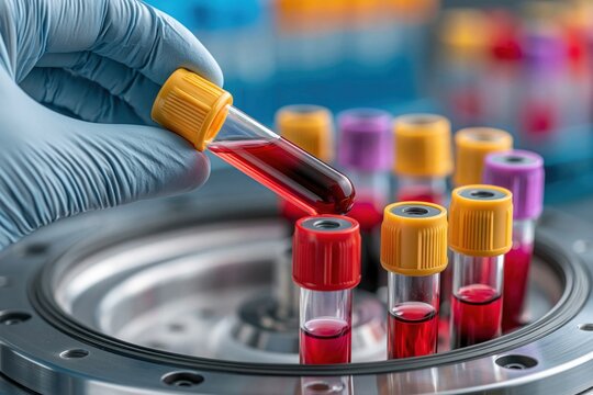 A hand wearing a glove holds a test tube with blood near other sample tubes inserting into the centrifuge