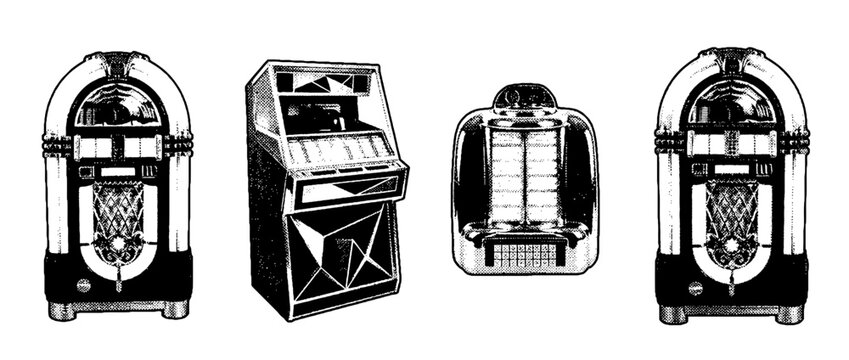 This image showcases a variety of jukeboxes and music machines in a halftone vector style, emphasizing their retro charm and musical heritage.