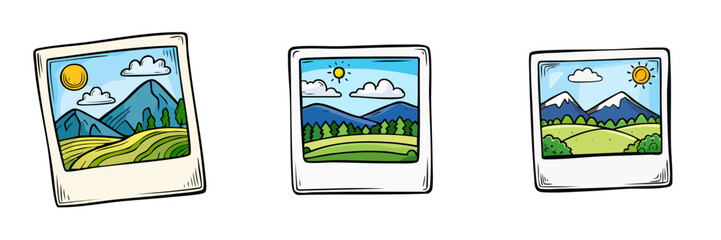 Fototapeta premium Collection of illustrated landscape photos with mountains and sun