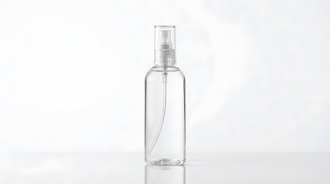 A clear, empty plastic spray bottle with a transparent pump and cap on a white background.