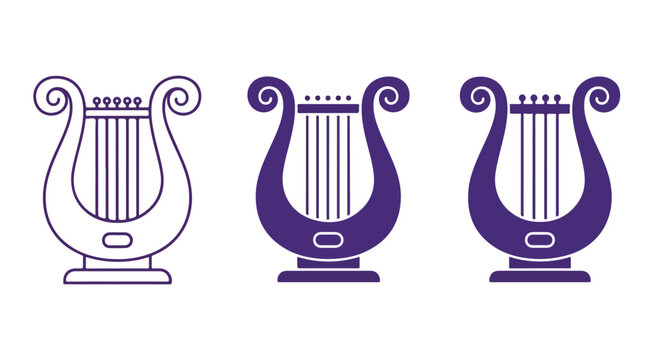 Three lyres in different shades of purple, musical instruments in a row