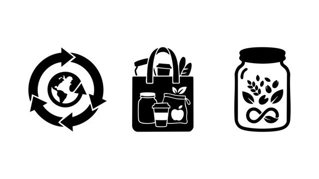 Zero waste icons with globe bag and glass jar set
