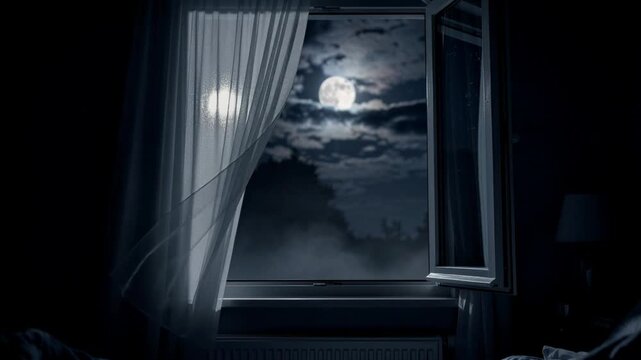 Gentle breeze moves sheer curtains under full moon illuminating a peaceful misty night scene indoors