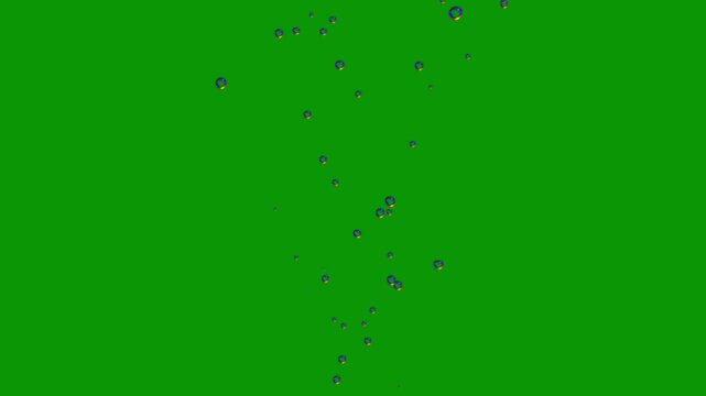 Animation of soda bubbles in water isolated on green background. ocean floor bubbles, the camera moves through bubbles, close up different soap bubbles, floating bubble motion effect, 4k video