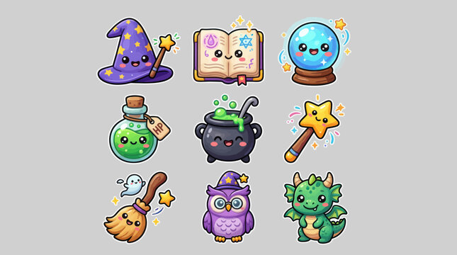 Magical objects and creatures cute illustration