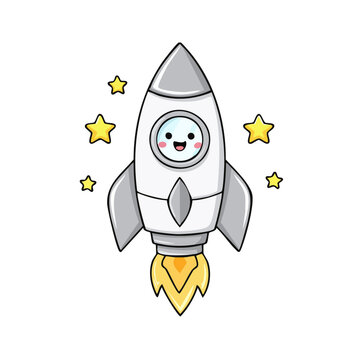 Cute cartoon rocket ship with happy face and stars